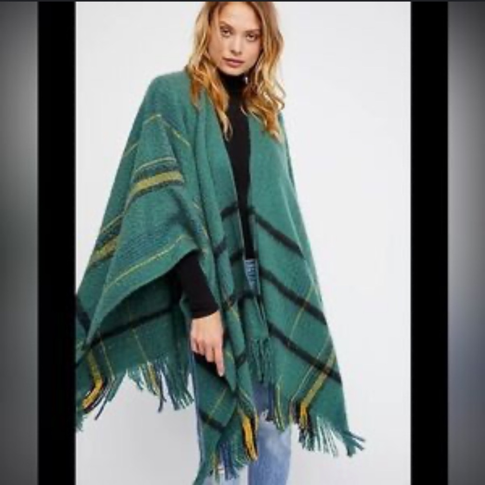 Free People Teal and Yellow Plaid Poncho
